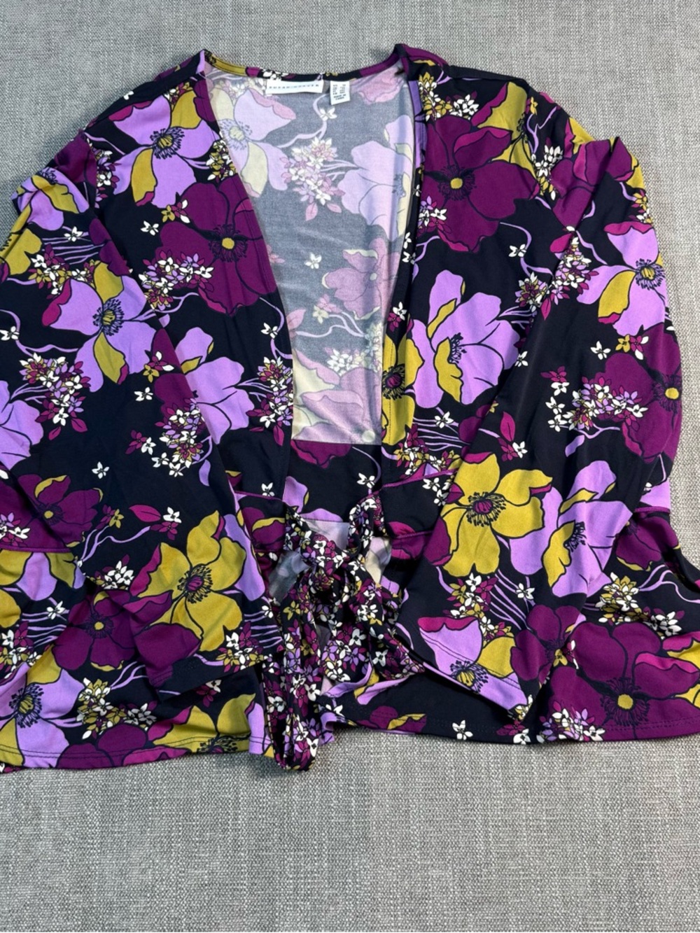 Susan Graver Women’s 1X Floral Tie-Front Top in Purple, Yellow and Black